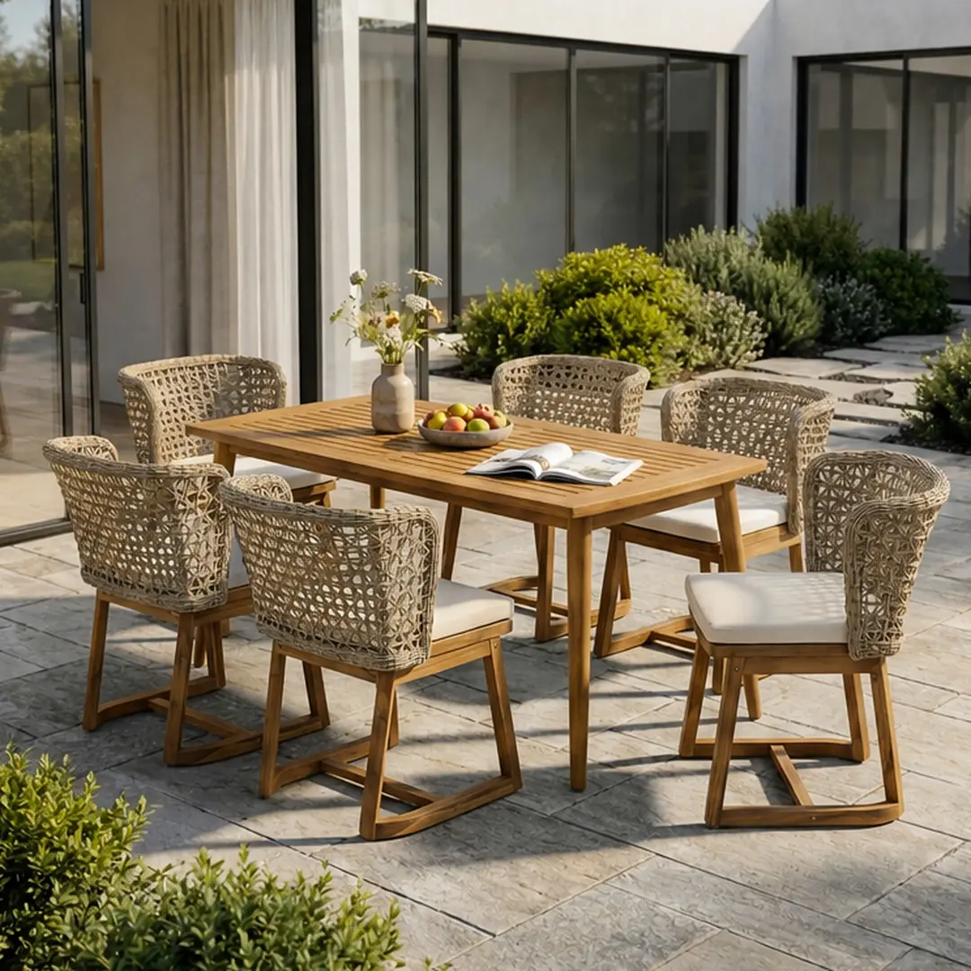 ARCH 7-Piece Outdoor Patio Dining Set Acacia Wood Table with 6 Wicker Chairs Beige Cushions Teak Finish Weather Resistant Furniture Set for Garden Backyard Porch Deck Entertaining, Beige/Light Brown Multi/Teak Color Options, Acacia Wood/Polyester/Wic