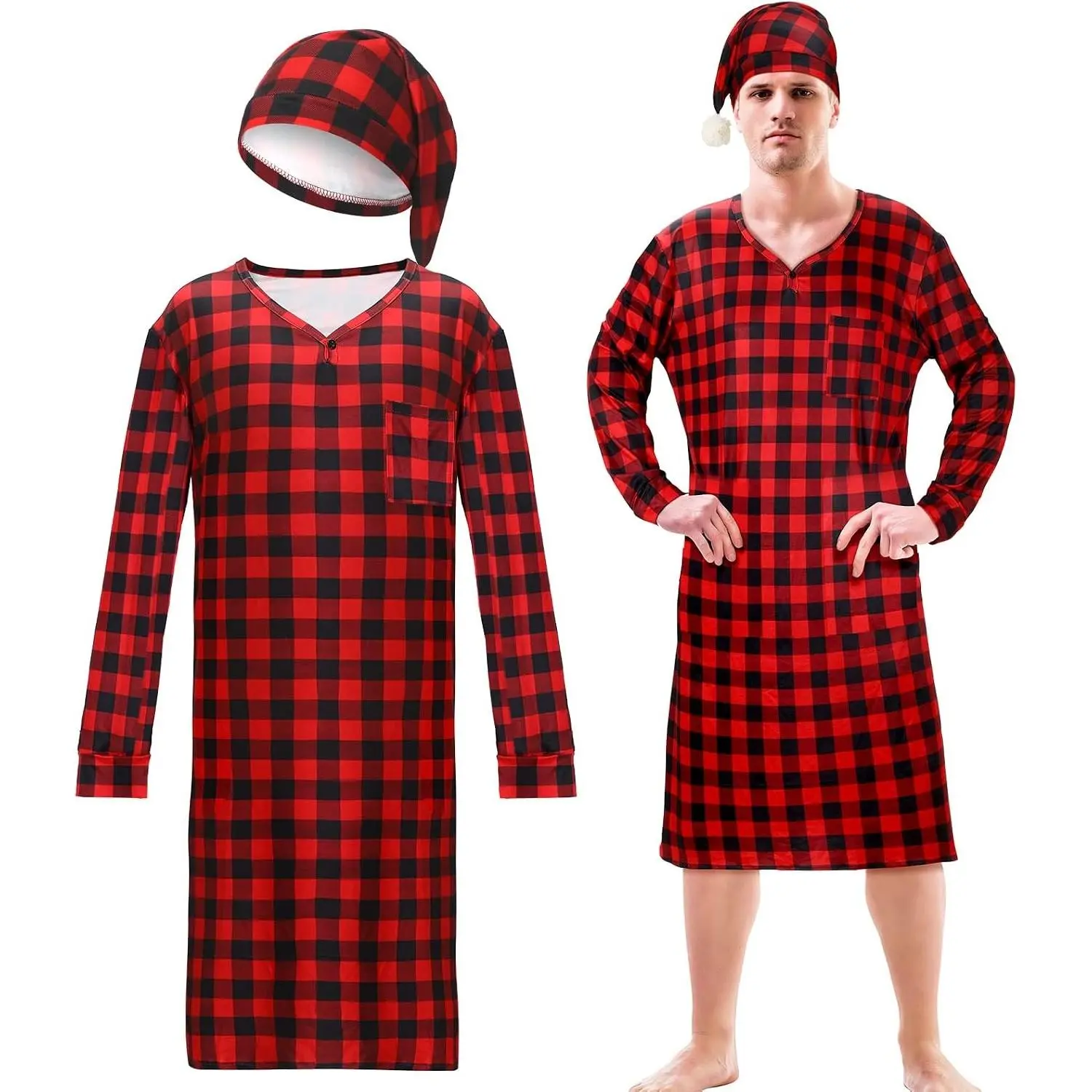 Christmas Plaid Men's Sleep Shirt and Sleeping Hat Set Long Sleeve Pajama and Cap with Pom Balls for Men