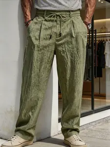 Men's Linen Straight Leg Casual Long Pants, Drawstring Elastic Waist, Breathable Beach Vacation Leisure Long Pants, Comfortable and Stylish
