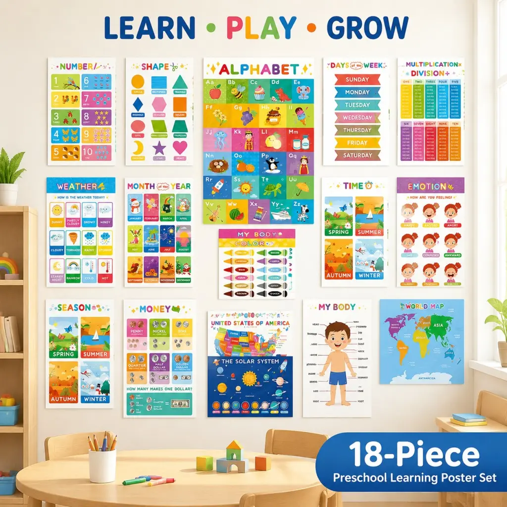18-Piece Preschool Learning Posters Set, 11 × 16.5 Inch Laminated Educational Charts for Toddlers, Home Learning and Classroom Wall Decor