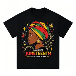 I Am Free Juneteenth Black Queen Turban Butterfly Broken Chain T-Shirt, Vintage African American Freedom Liberty Since 1865 Black Pride Short Sleeve Tee, Black History Month Casual Crew Neck Top For Women