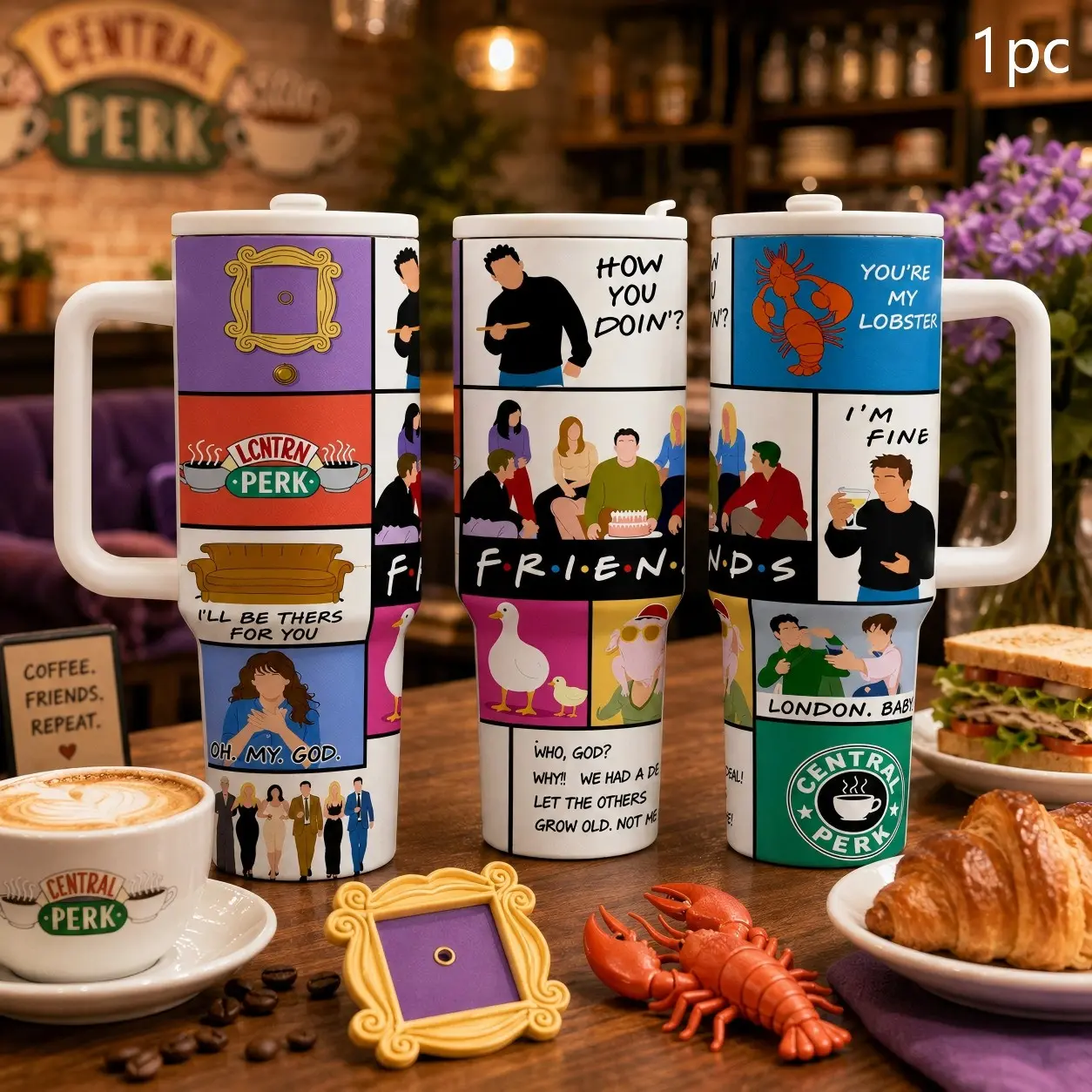 1pc 40oz Friends Central Perk Drinkware Tumbler Coffee, Leakproof Lid & Straw, Double Wall Vacuum Insulated Stainless, Keeps Hot 12h Cold 24h, Tiktok Viral Cup