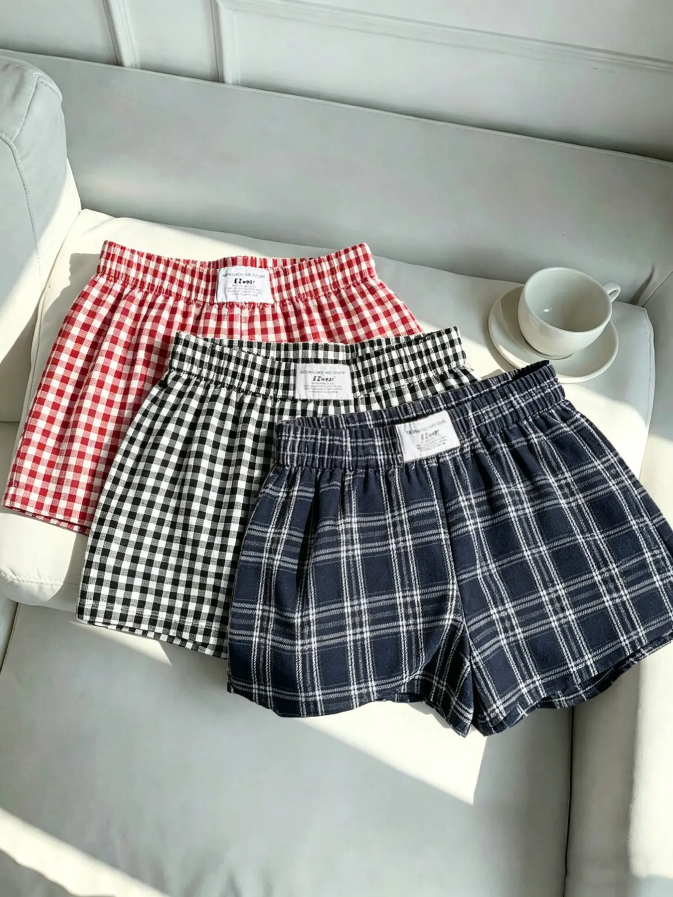 3-Pack Vintage Plaid Shorts for Women, Loose-Fit Elastic Waist, Breathable Soft Material, Summer Fashion Essentials, Casual Style, Breathable Loungewear Shorts, Bottom