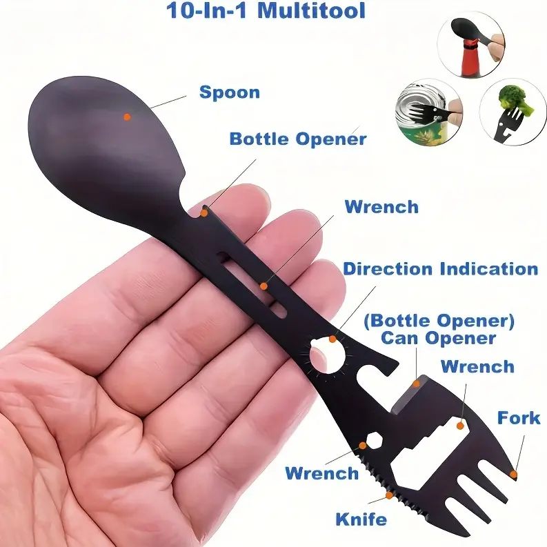 Multifunctional Tool Spoon Integrated with Bottle Opener, Serrated Knife, Wrench & Compass, Compact Black Coated Outdoor Multi-Tool for Camping, Hiking, Picnic & Backpacking Trips