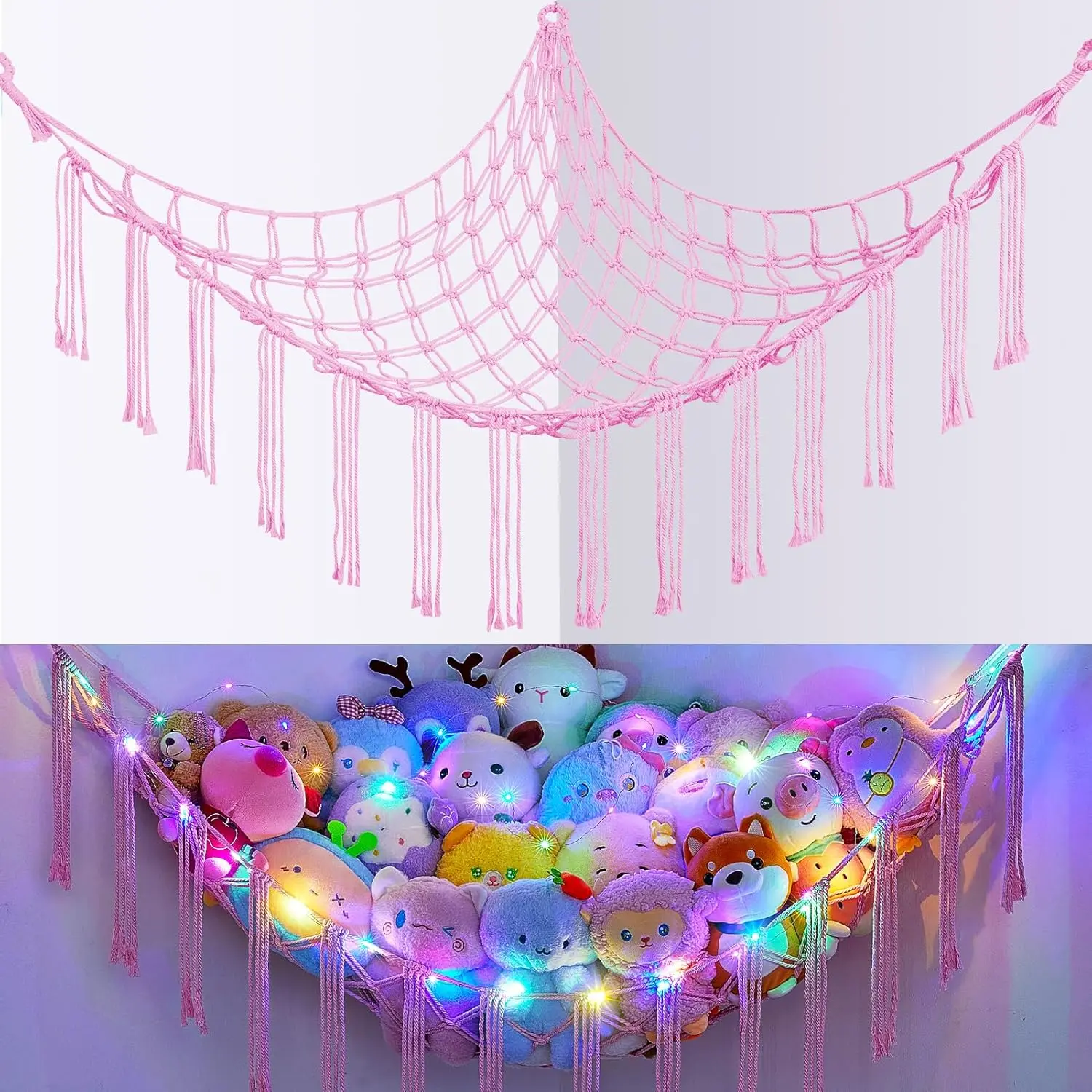 Stuffed Animals Net or Hammock with LED Light, Hanging Stuffed Animals Storage Toy Hammock Net for Corner Wall Girls Room Decor Toy Storage Organizer, Pink, L