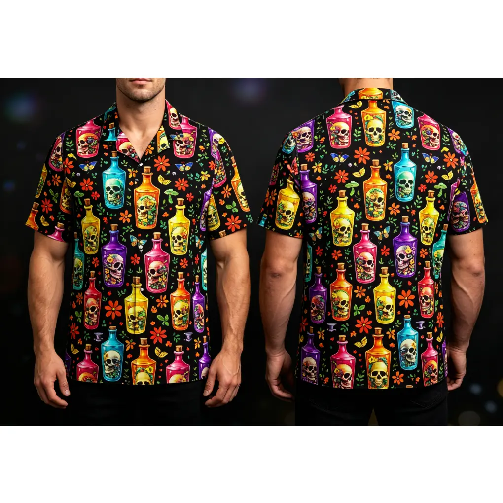 Skull Bottle Hawaiian Shirt for Adult Youth, Colorful Gothic Aloha Button Down Shirt, Spooky Vacation Outfit # TikTokMadeMeBuyIt # TikTokShop # Funny Hawaiian Shirt # Summer Shirt # Hawaiian Shirt