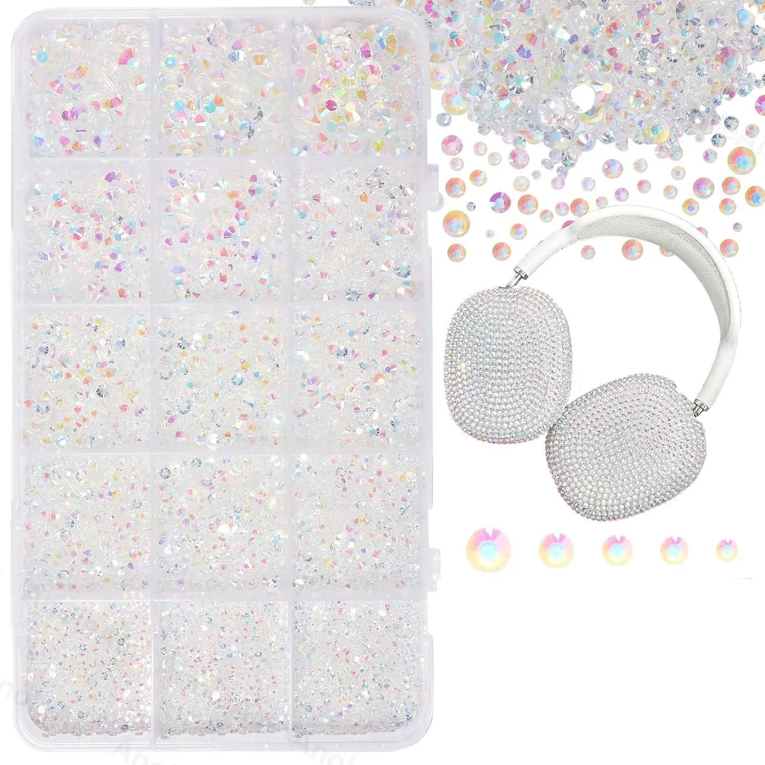 Ab Flat Back Rhinestones Set with  Tweezers and Dotting Tool, 15 Grids AB Crystal Rhinestones Kit & Pickup Tools, Clear Iridescent Flatback Rhinestones for Nails Art, Headphone，nail charms。ultimate creative gift for her,graduation gift,class of 2026！