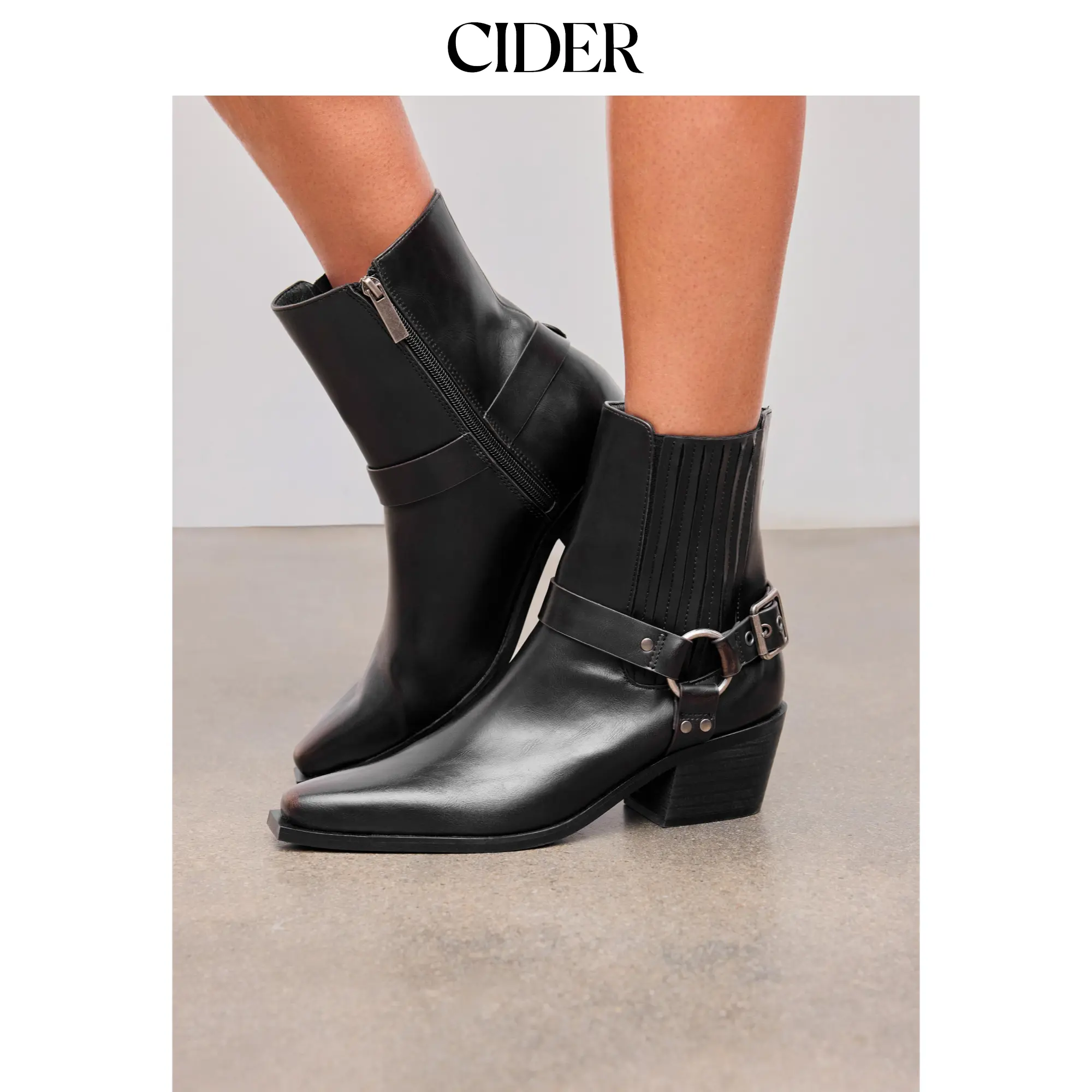 Cider DISTRESSED BUCKLE CHUNKY HEEL ANKLE BOOTS SohoChic