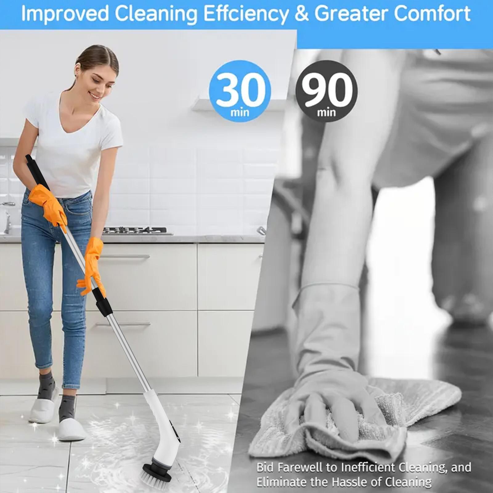 Electric Spin scrubber with 5-speed, Cordless power scrubber, Floor cleaning tool, electric cleaning brush with 8 replacement brush heads and detachable telescopic pole, electric bathroom scrubber for floors, tiles, USB Rechargeable
