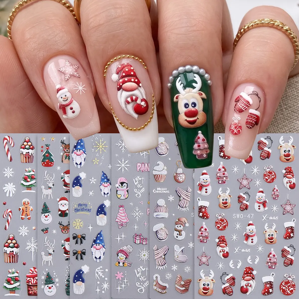 6 Sheets 3D Christmas Nail Stickers, Cute Cartoon Santa Snowflake Reindeer Patterns Nail Decals, Holiday DIY Nail Art Decorations, Festive Manicure Accessories, Nail Art Supplies, Nail Design Stickers