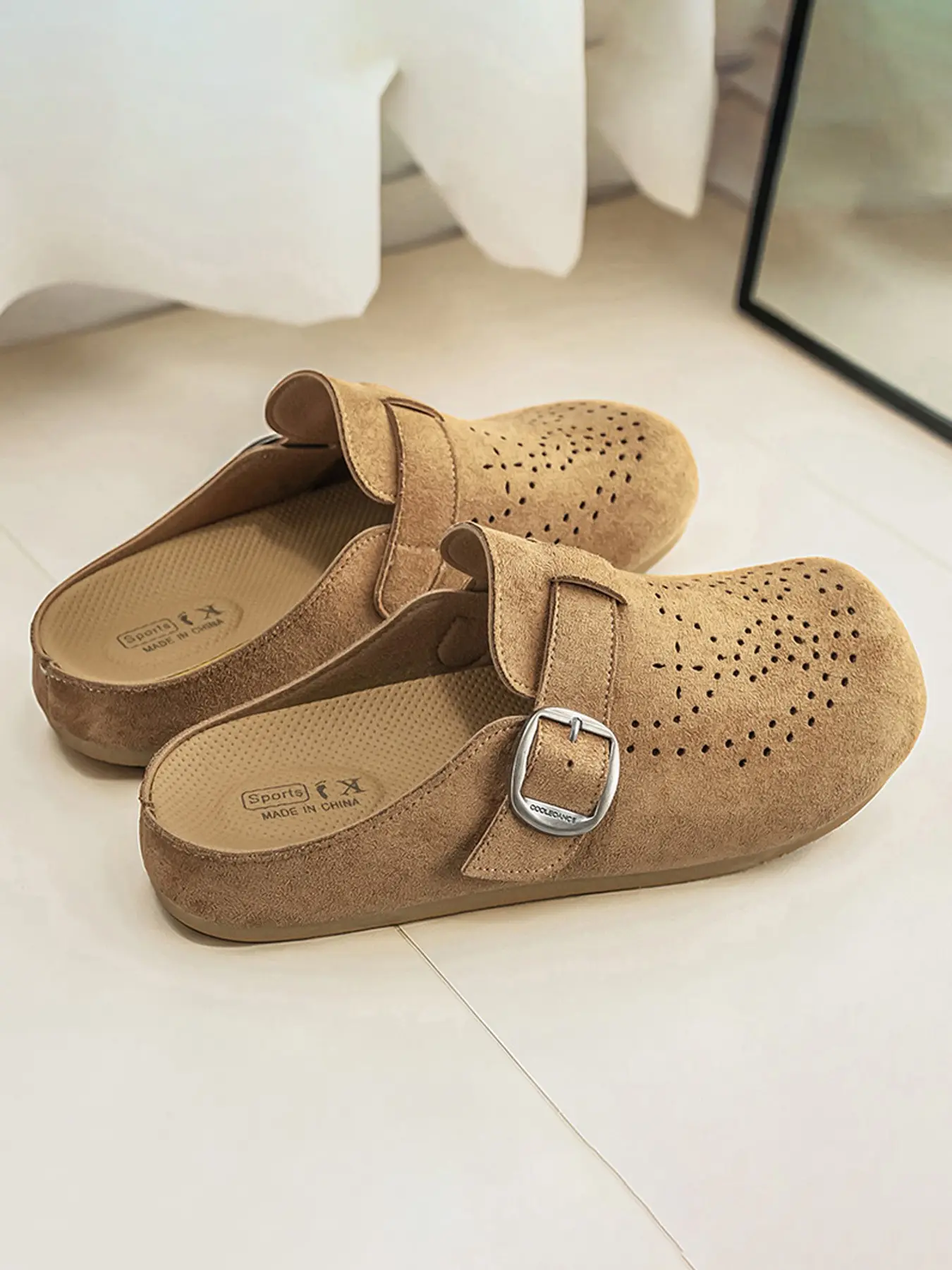 Men's Perforated Breathable Suede Clog Mules, Fashion Summer Clogs, Adjustable Metal Buckle Slip On Backless Slides, Comfort Contoured Cork Insole Non Slip Rubber Sole Casual Footwear for Garden Beach Daily Outdoor Walking