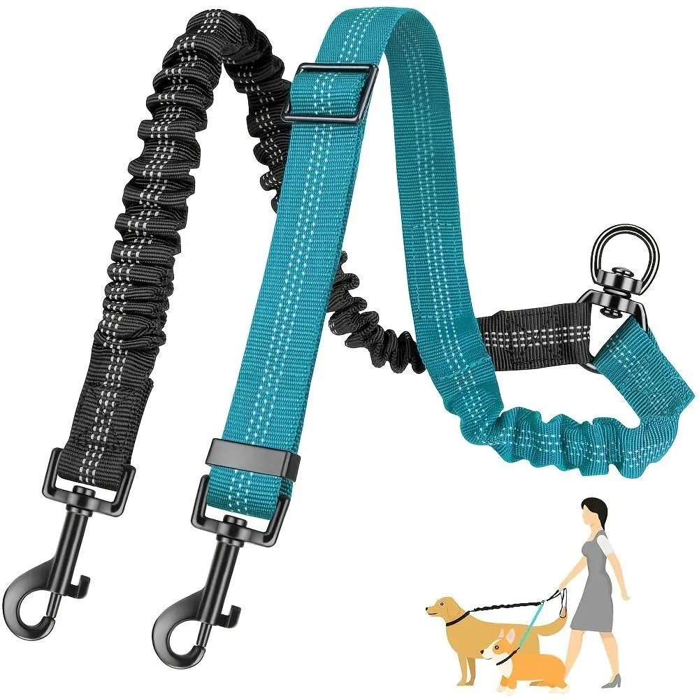 2-in-1 Dual Dog Walking Leash, Anti-Tangle Splitter with Shock Absorbing Elastic Bungee, Adjustable Crossbody Shoulder Strap, Dual Pet Training Lead for Two Dogs