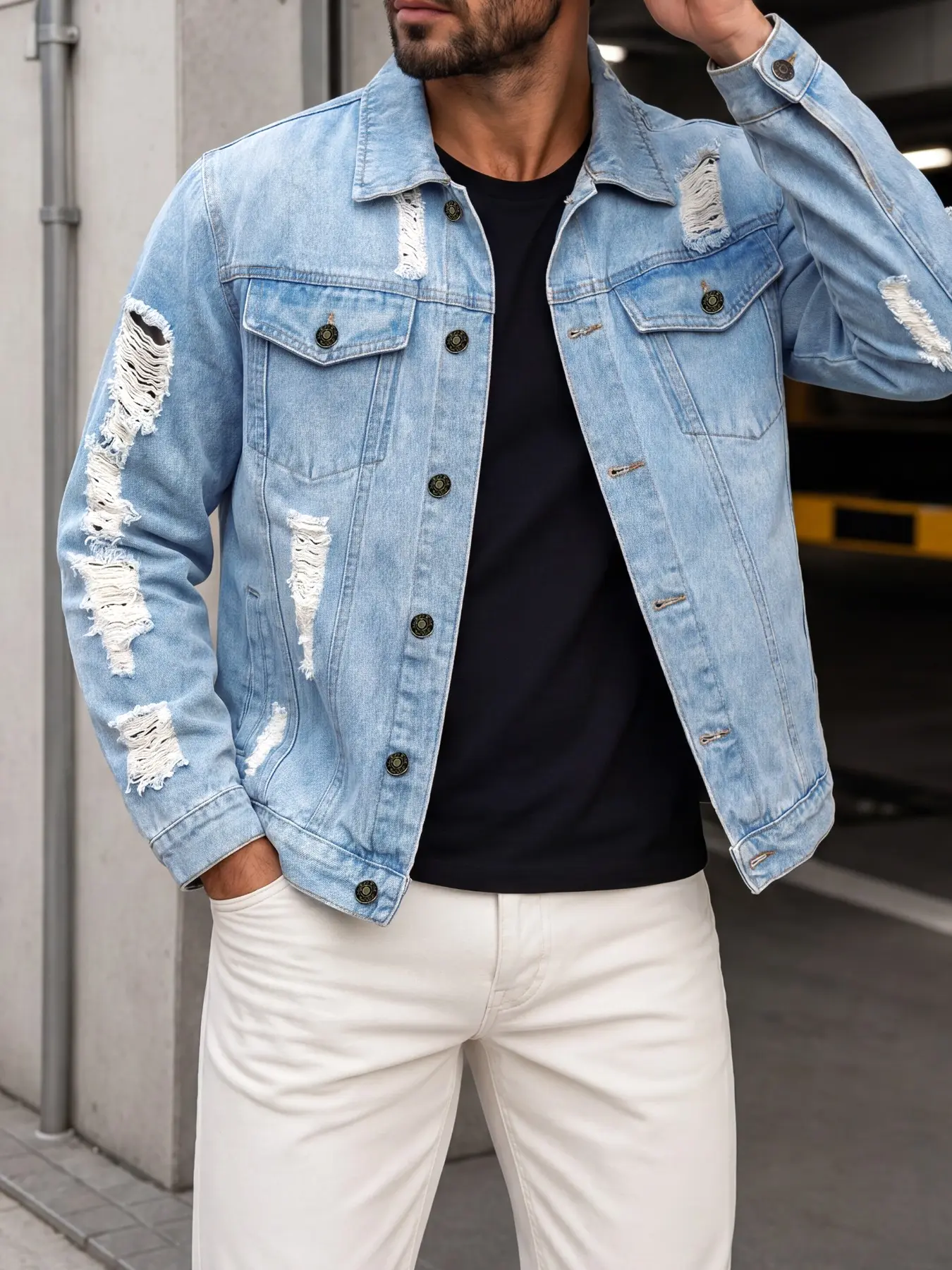 All-Season Men’s Light Blue Denim Jacket, Classic Turn-Down Collar Long-Sleeve Outerwear, Washed Bleached Ripped Distressed Design, Trendy Versatile American Street Top