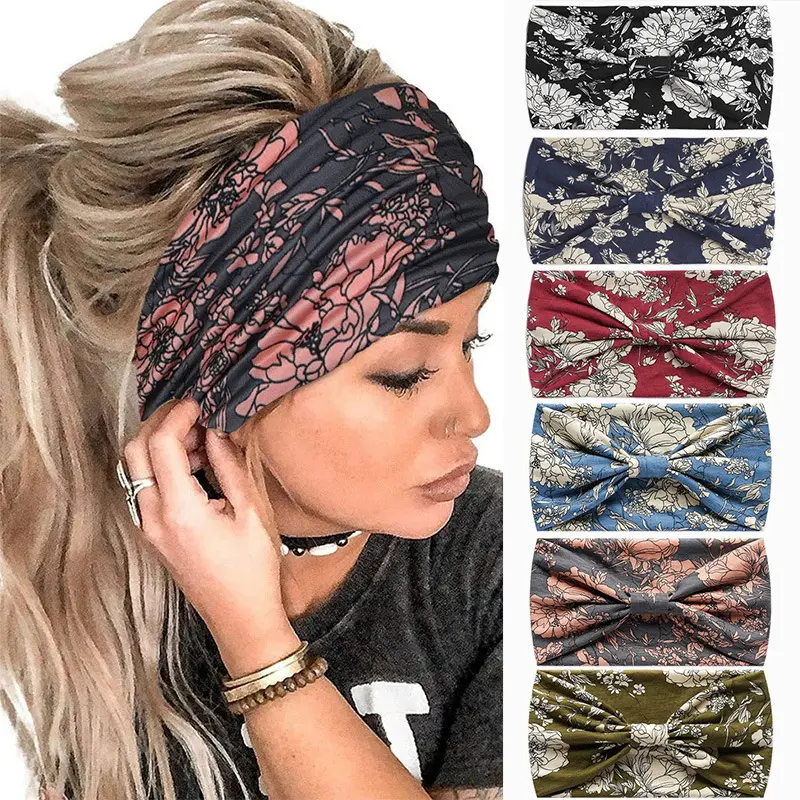 Women's Boho Paisley Print Wide Elastic Headbands - Sweat-Wicking Non-Slip Athletic Hippie Style Blue Floral Headbands for Yoga, Daily Casual Outfits, Headbands For Women