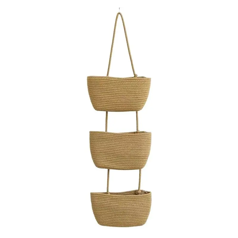 3-Tier Hanging Wall Basket Organizer - Hand-Woven Cotton Rope Wall Storage Baskets, Detachable Boho Hanging Baskets for Home & Nursery