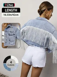 Elegant Fashion Backless Fringed Denim Long Sleeve Jacket Coats for Music Festivals, Casual Stylish Chic Streetwear for Women, Trendy Short Outerwear Womenswear, Lady