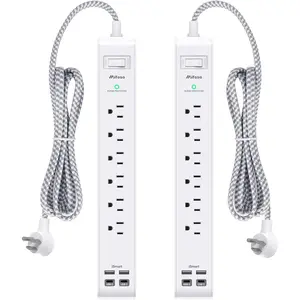 2 Pack Surge Protector Power Strip 12FT Long Extension Cord, 6 Outlets 4 USB Ports (2 USB C), Flat Plug Overload Protection Wall Mount for Home Office Dorm College