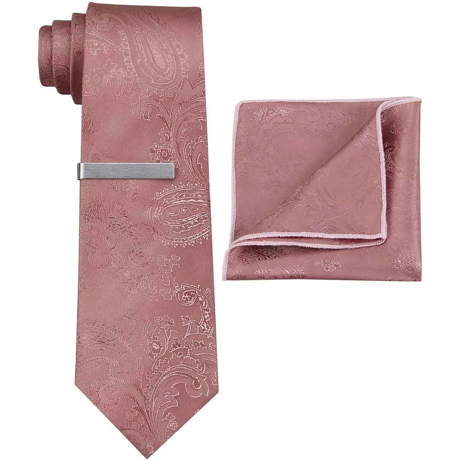 Men's Satin Paisley Tie Set: Tie and Pocket Square - For Wedding, Groomsmen, and Bridegrooms (Desert Coral Color, Regular Tie)