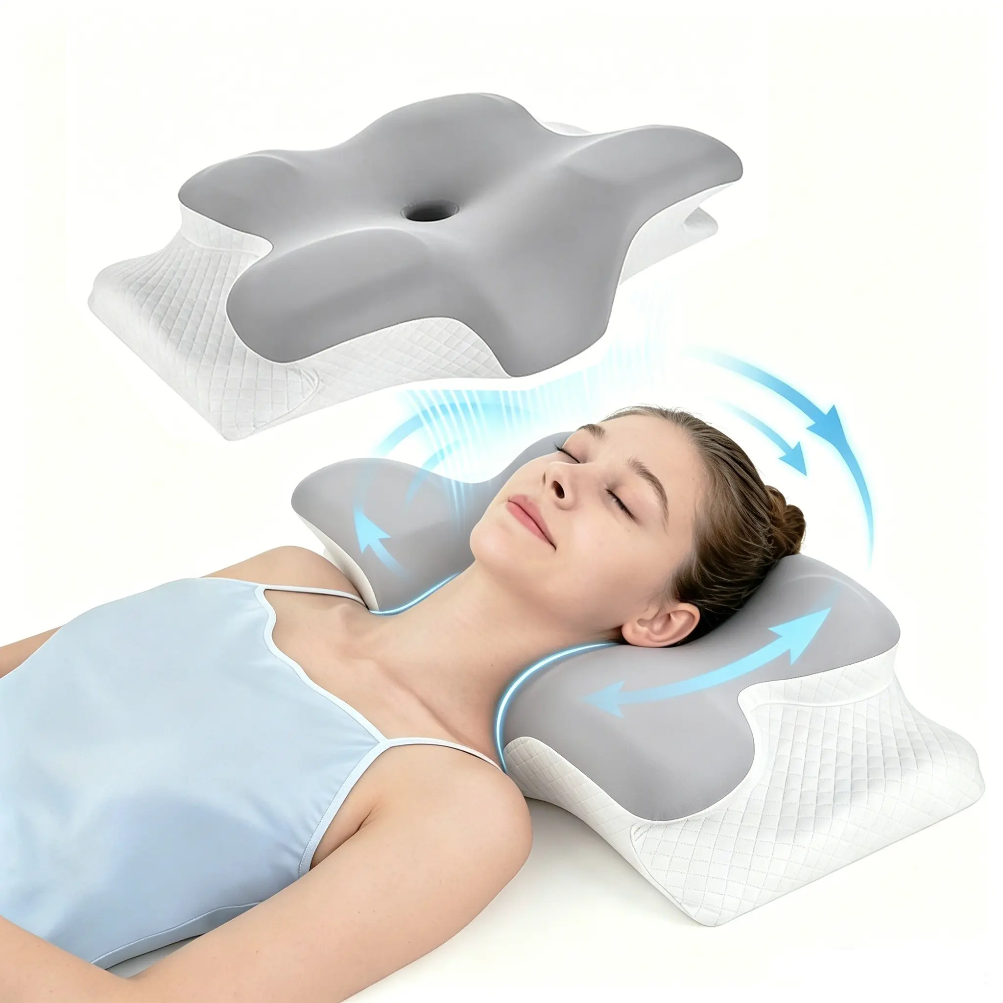 Contoured Neck Pillow, Neck Rest Cushion, Ergonomic Orthopedic Memory Foam, Unscented Supportive Memory Foam with Cooling Cover, Zoned Design & Extra-Large Armrest for Side/Stomach/Back Sleepers, Double-Sided #GLOBAL PICKS