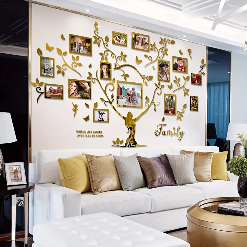 Acrylic DIY mirror wall stickers, 14 photo frames per set, 1mm thick, self-adhesive wall decor, colors: black, gold, silver, letters, big tree, leaf wall sticker set - Size: S: 52.6*30.43 inches, L: 74.01*42.12 inches, acrylic mirror layer for Christmas a