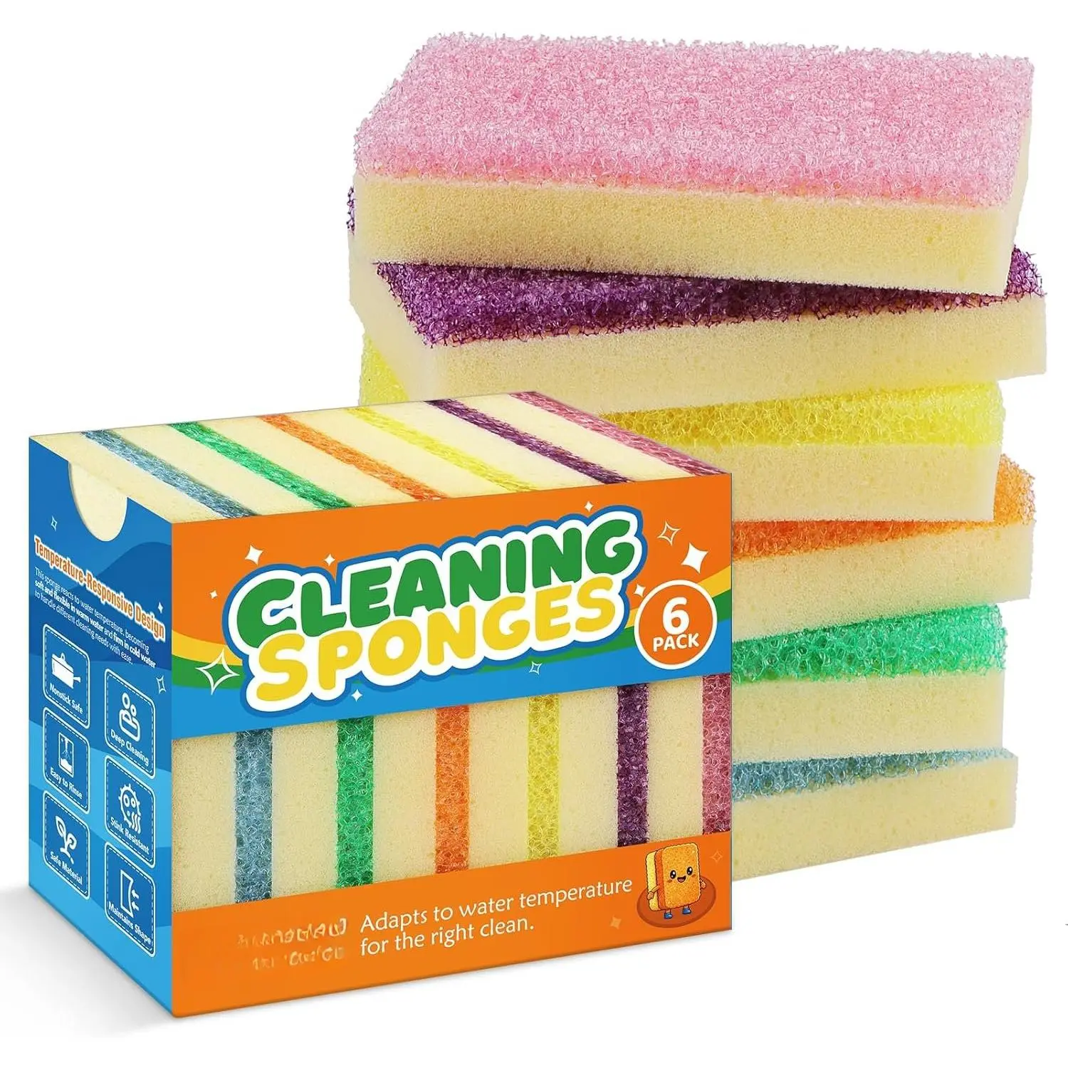 Scrub Sponge, Temperature Responsive -Sided Cleaning Sponges, Non-Scratch Dish Sponge for Kitchen, Soft in Warm Water & Firm in Cold, 6 Pack