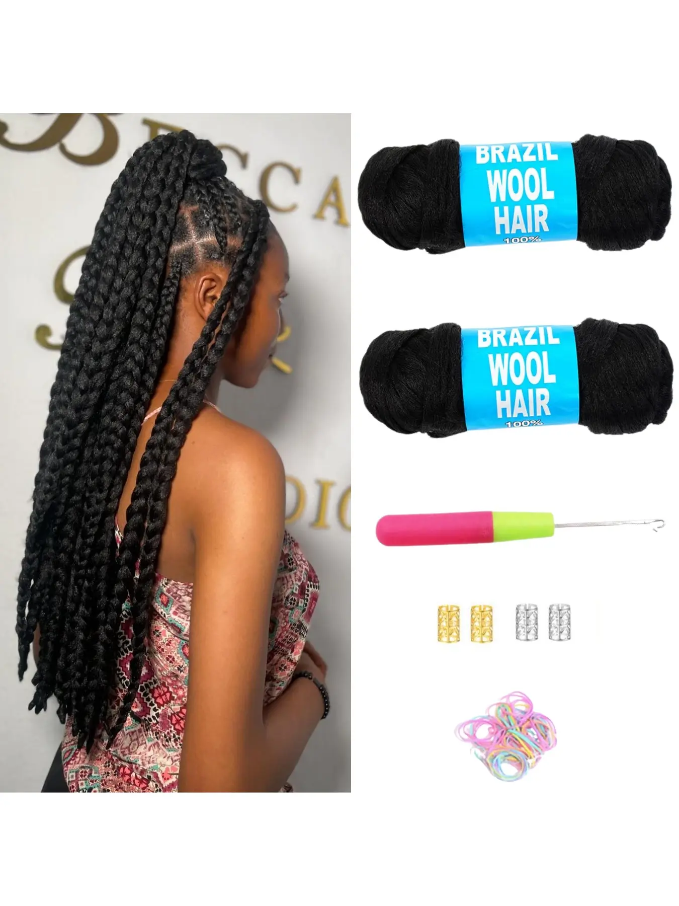 2PC Brazilian Wool Yarn, used for braiding hair extensions and wigs, made of polypropylene fiber, crochet braiding, box braids, Senegal twists, jumbo braids, vintage-style hair, crochet hair, suitable for women for everyday wear, parties, and festivals