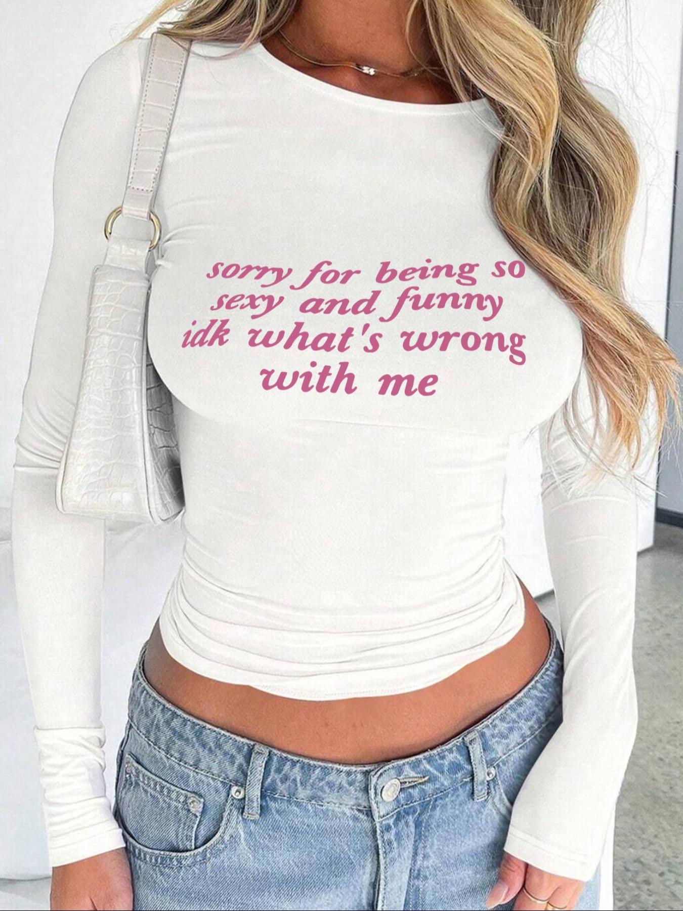 Women's Letter Print Round Neck Tee Top, Y2K Trendy Casual Long Sleeve T-shirt for Daily Wear, Ladies Clothes for All Seasons