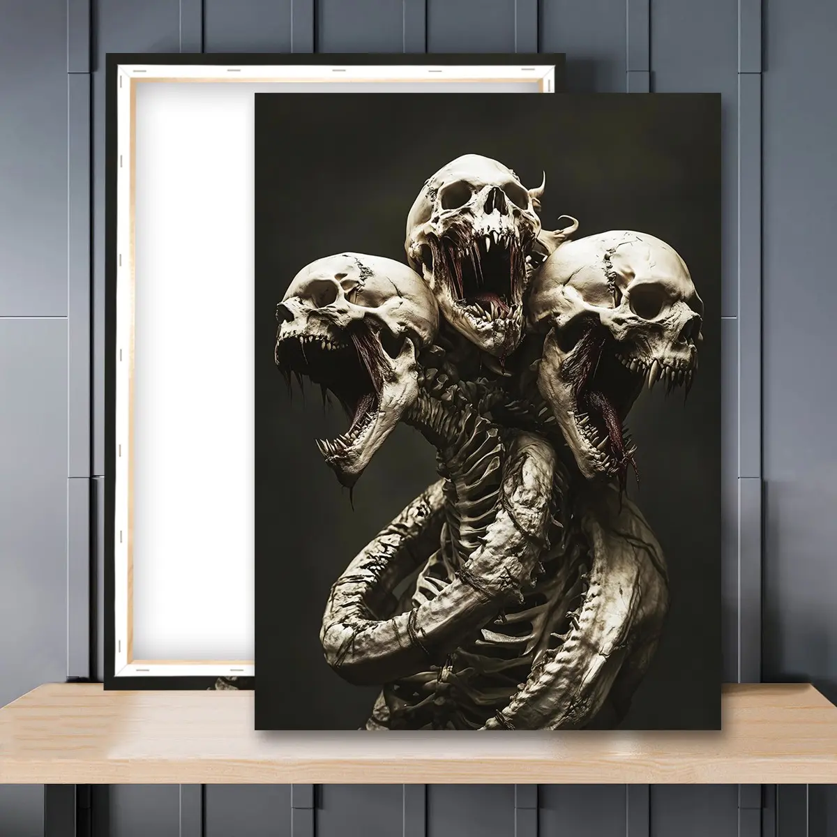 1pc Wooden Framed, Halloween Bone Hydra Horror Print Poster,  Gothic Macabre Wall Art Canvas Painting, For Bedroom, Office, Living Room, Home Decor