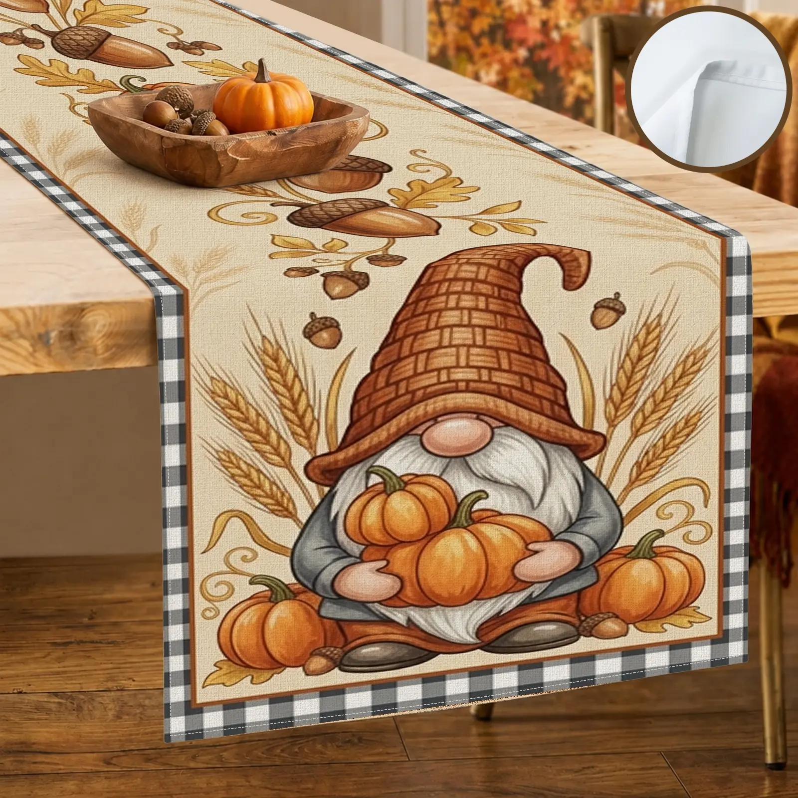 1pc Pumpkin Cornucopia Wheat Table Runner, Rustic Fall Style, Checkered Background Floral Graphic Print, for Dining Table Kitchen Decor Home Decor Thanksgiving Dinner