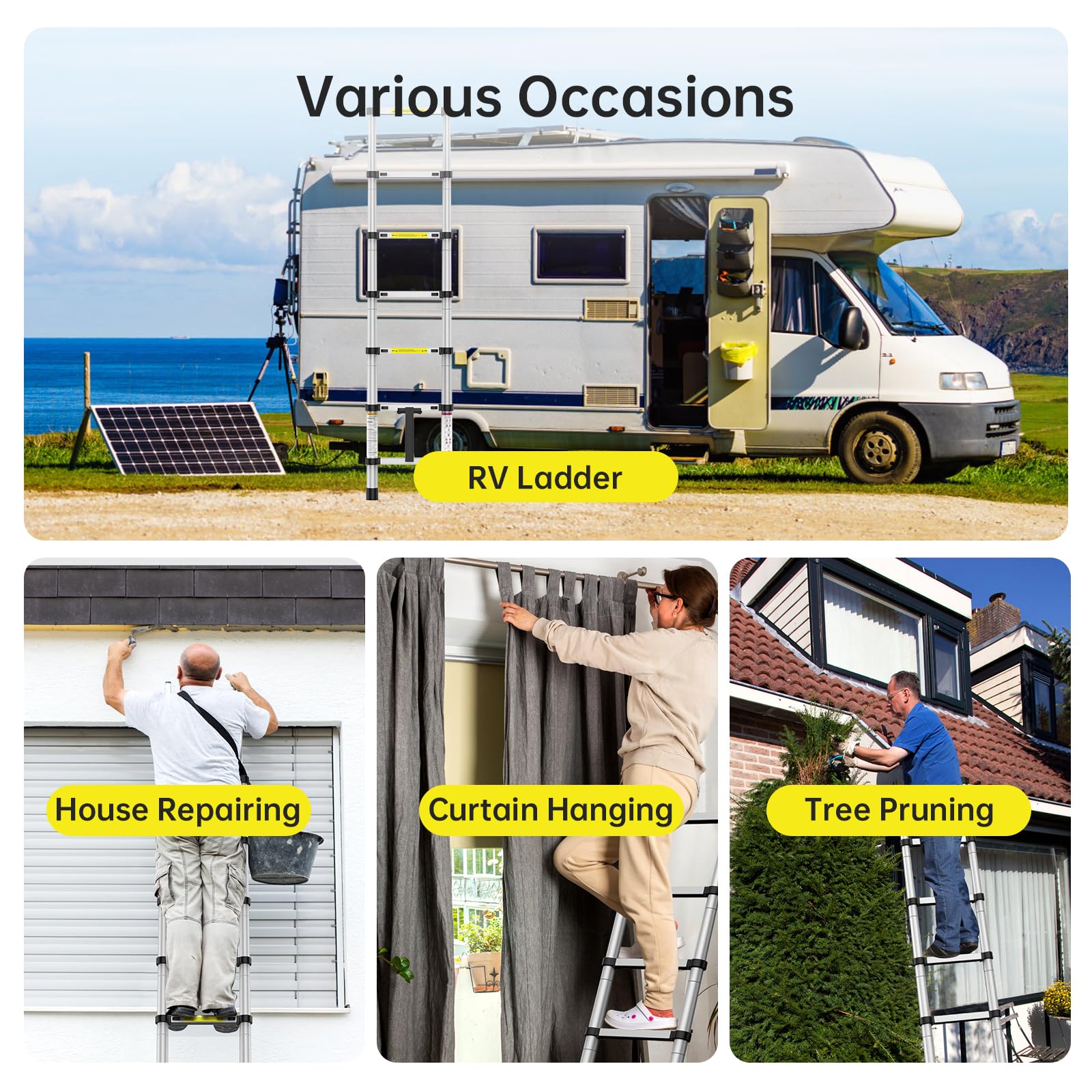 GARVEE Telescoping Ladders: Versatile 6.6FT and 12.5FT Aluminum Folding Ladders with 330lbs Capacity, Ideal for Home, RV, Office, and Outdoor Use with Non-Slip Feet for Safety and Stability.