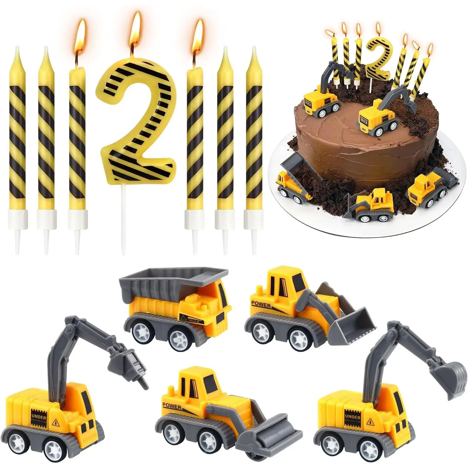 Number 2 Construction Birthday Candles, 12 Pcs Construction Cake Toppers |   Construction Cake Decorations, Digger Cake Topper for Birthday Anniversary Party Cake Decorations