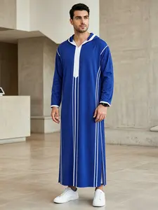 Muslim Men's Long Robe Loose Fit Jubba Moroccan Style, Blue Striped Hooded Islamic Clothing, Four-Season Prayer Robe, Wedding Gift, Traditional Embroidery