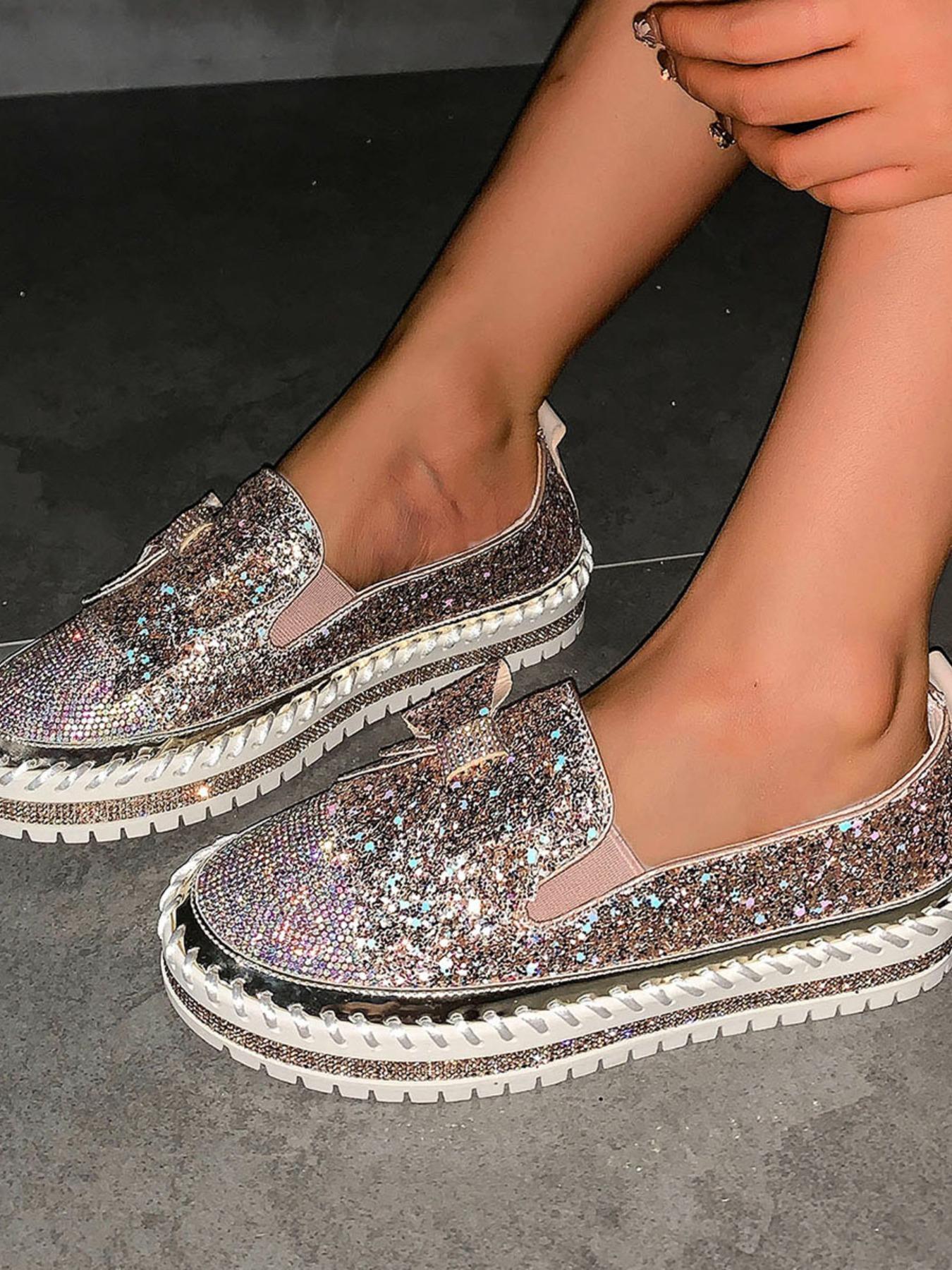 Women's Fashionable Contrast Sequin Bowknot Design Slip on Style Loafers, Elegant Comfort Flat Shoes for Daily Wear, Lightweight Breathable Shoes for Women & Girls