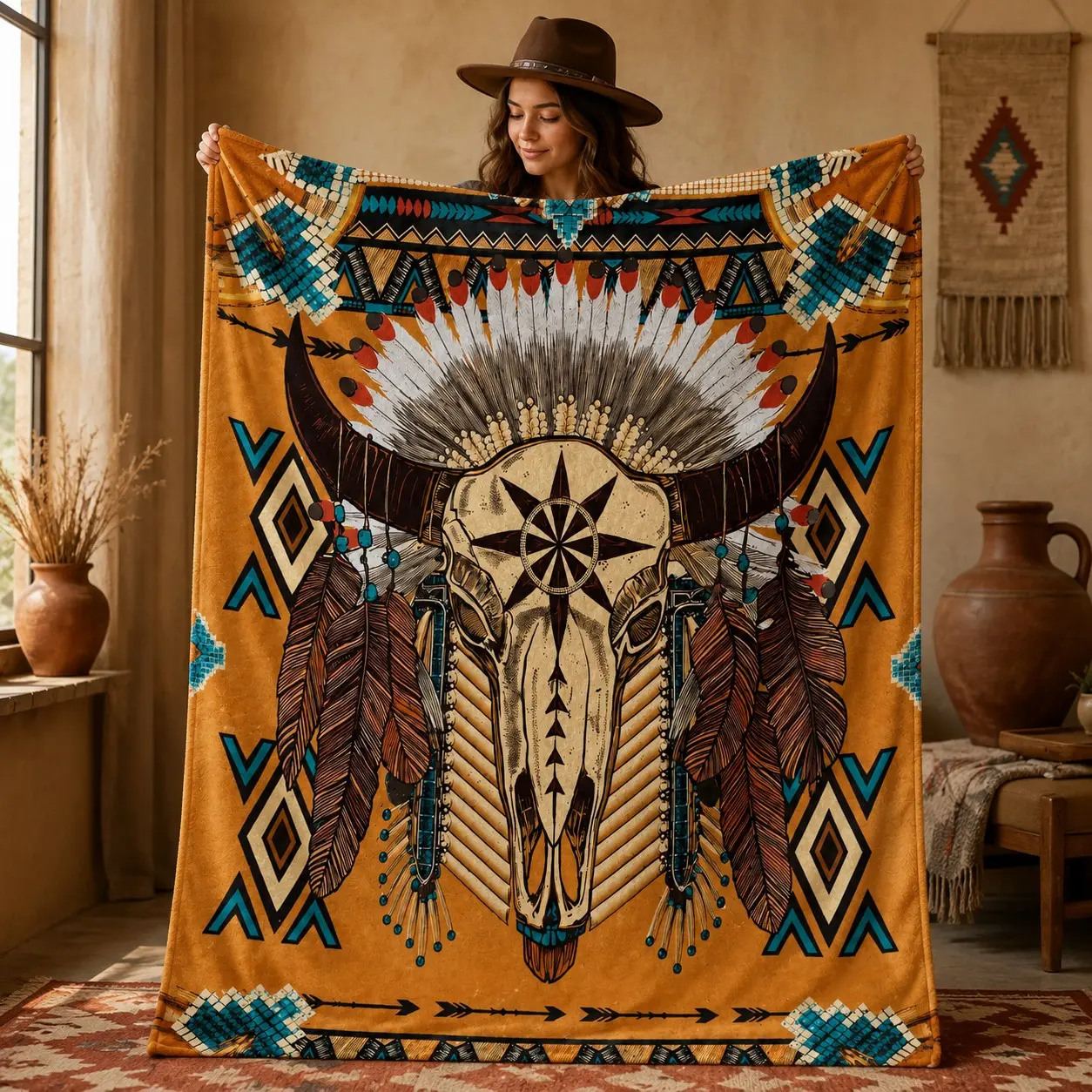 1pc Indian Tribal Bull Skull & Feather Geometric Print Fleece Blanket, Warm Brown Base Bull Horn Skull Feather Ethnic Geometric Pattern, Vintage Western Tribal Style, Multiple Styles Available. Soft Warm Cozy Nap Throw, Multi-use for Sofa, Bed, Office, Sh