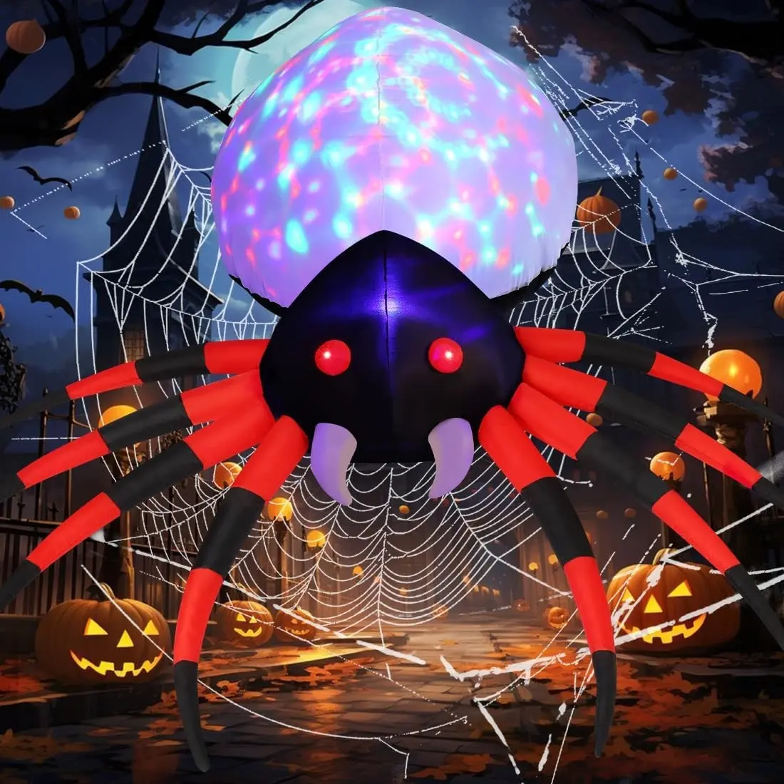 8 FT Halloween Inflatable Giant Spider Outdoor Decorations, Blow Up Spider Yard Decorations with Rotating Colorful Light and Glowing Eyes for Halloween Party Lawn Garden Outside Decor