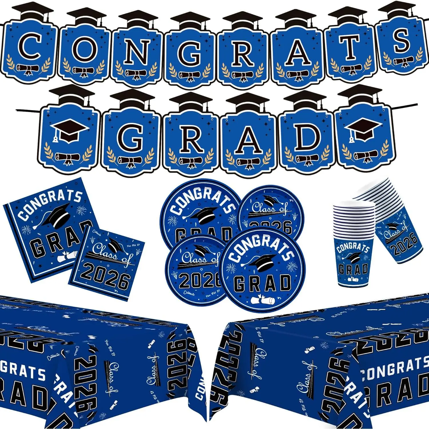 Graduation Decorations 2026 Class of 2026 - Serve 24 - Blue Plates Tablecloth Napkins Cups Banner - Graduation Party Favors Supplies