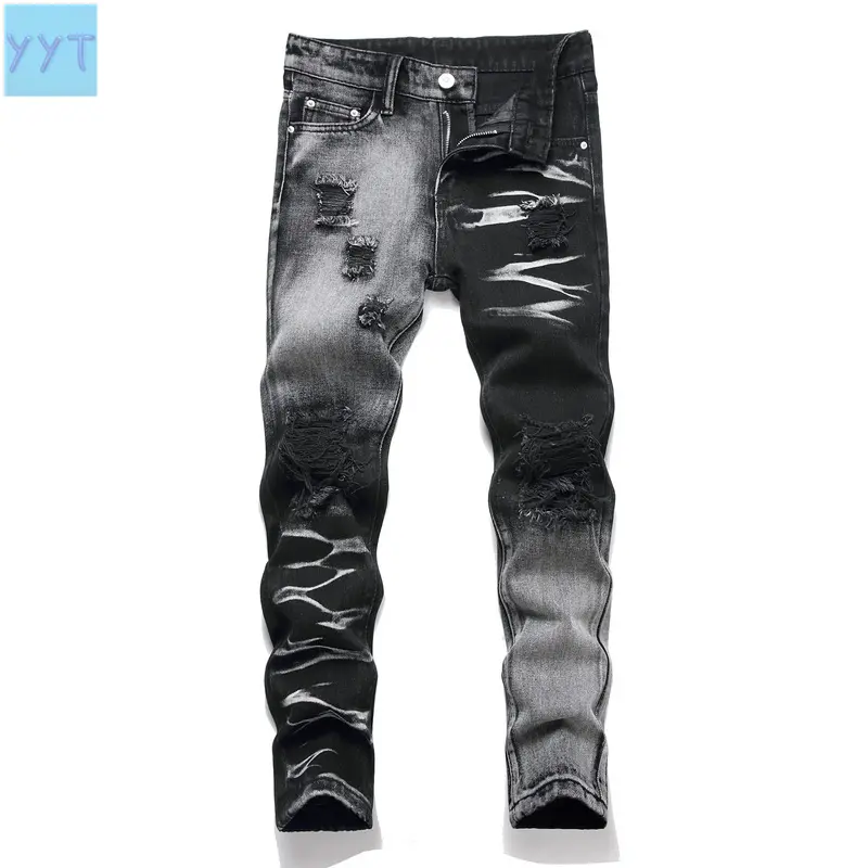 YYT1 2025 Boys' Cotton Woven Ripped Skinny Pants - All Season Streetwear with Distressed Look, Hole Details