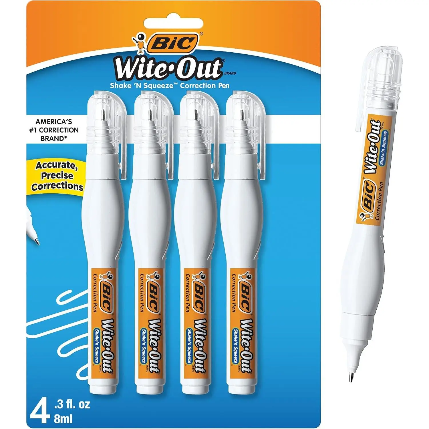 Shake n Squeeze Correction Pen, 4-Count, 8ml, Needle Tip, Fast Dry, Precise Fix Writing Tool for Office Stationery Supplies