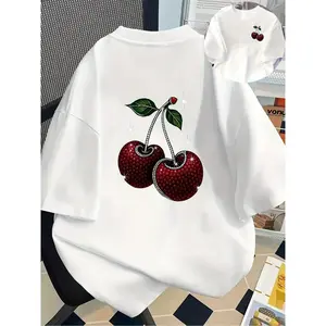 Cherry, Shiny Cherries Double-Sided Print Men's Fashion Trendy Tee for Home Wear Daily Casual Sports New Popular Style Top, 1pc Essential Front and Back Design, Leisure Outfit, Streetwear Fashion, Stylish Tshirt, Comfortable Fit, Durable Tee, Printed Top,