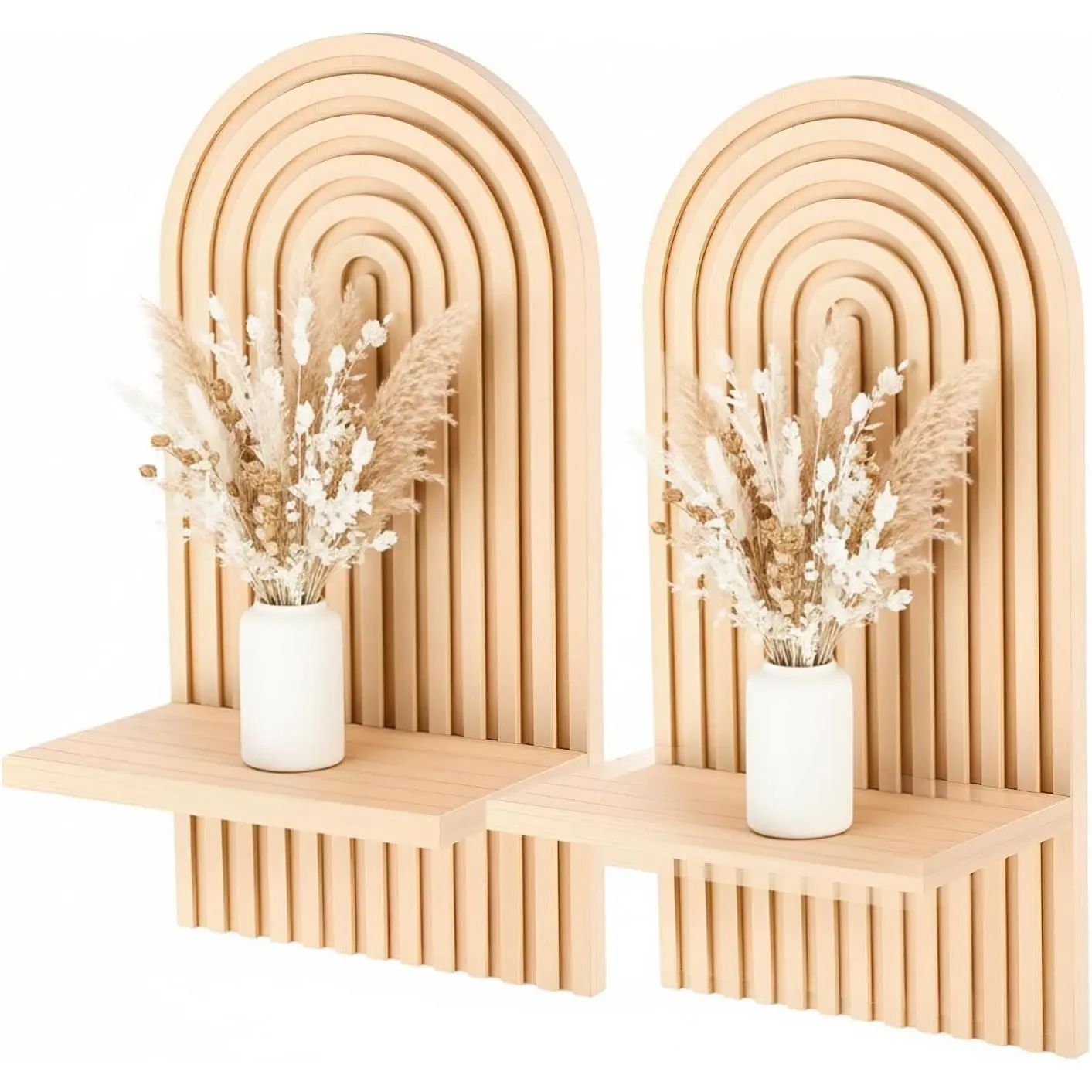 2-Piece Natural Wood Boho Wall Decor Set - Mid-Century Modern Wall Candle Holder, Wood Shelves for Living Room, Minimalist Bohemian Home Decor