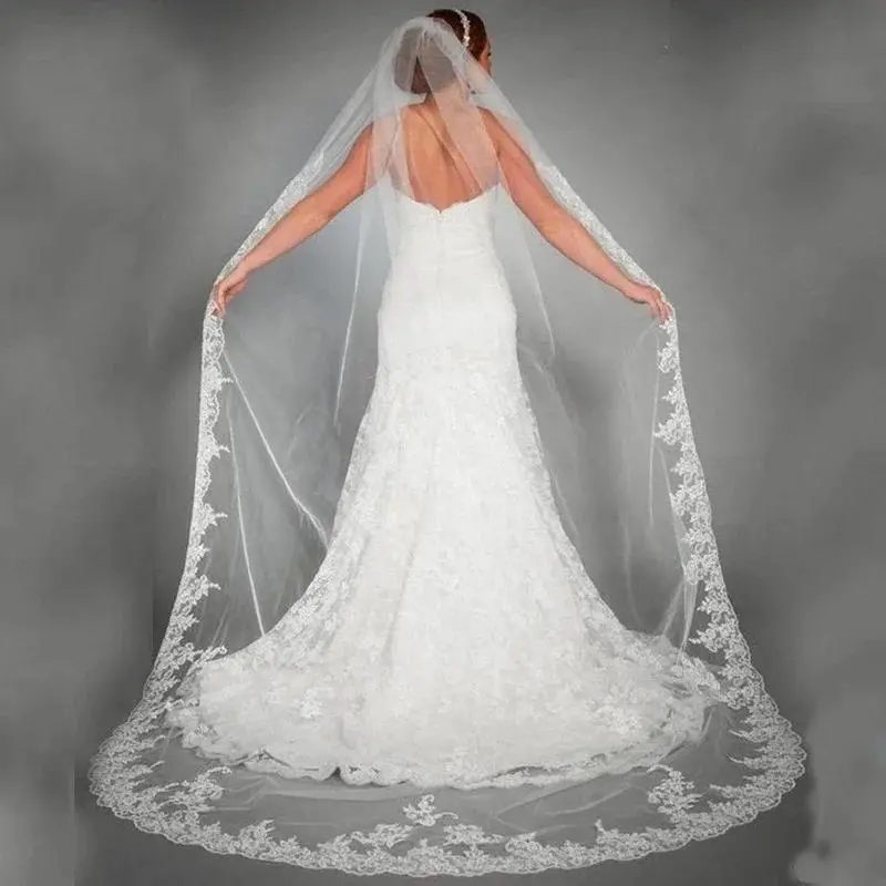 White Ivory Lace Appliques Tulle Long Cathedral Wedding Veils Lace Edge 1T Bridal Veils 3 Meters Veu De Noiva
