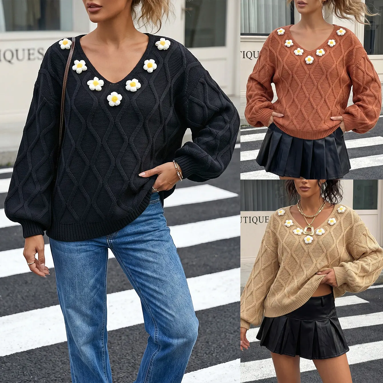Diamond-pattern jacquard pullover sweater, cross-border European and American women's fashion, three-dimensional hand-crocheted floral patchwork, loose-fitting lantern sleeve pullover top