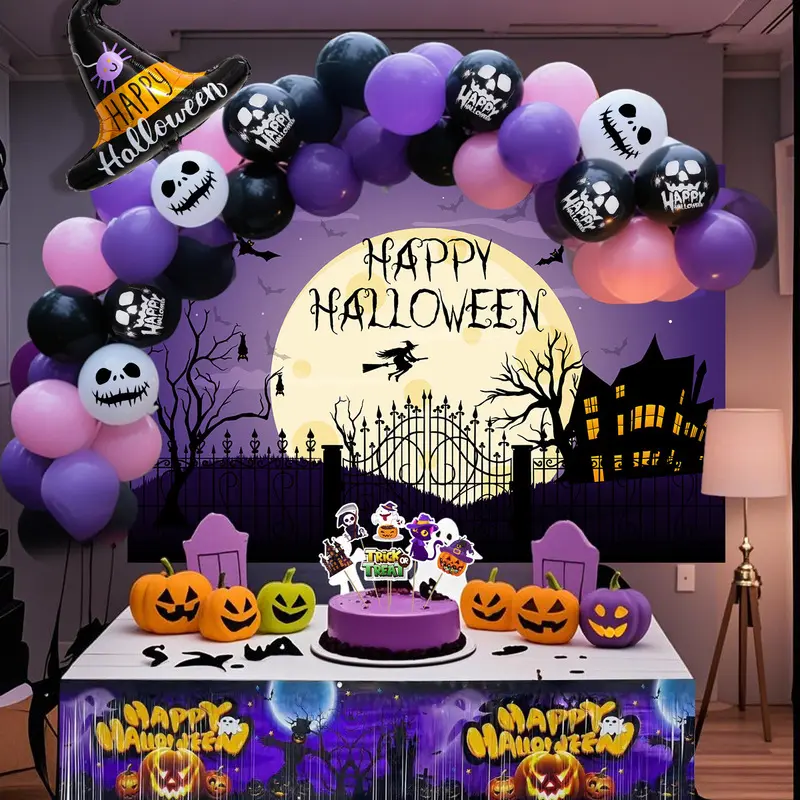 Halloween Party Decorations All In One Kit | Purple Black Balloon Garland with Backdrop Tablecloth Cake Toppers for Halloween Party Supplies