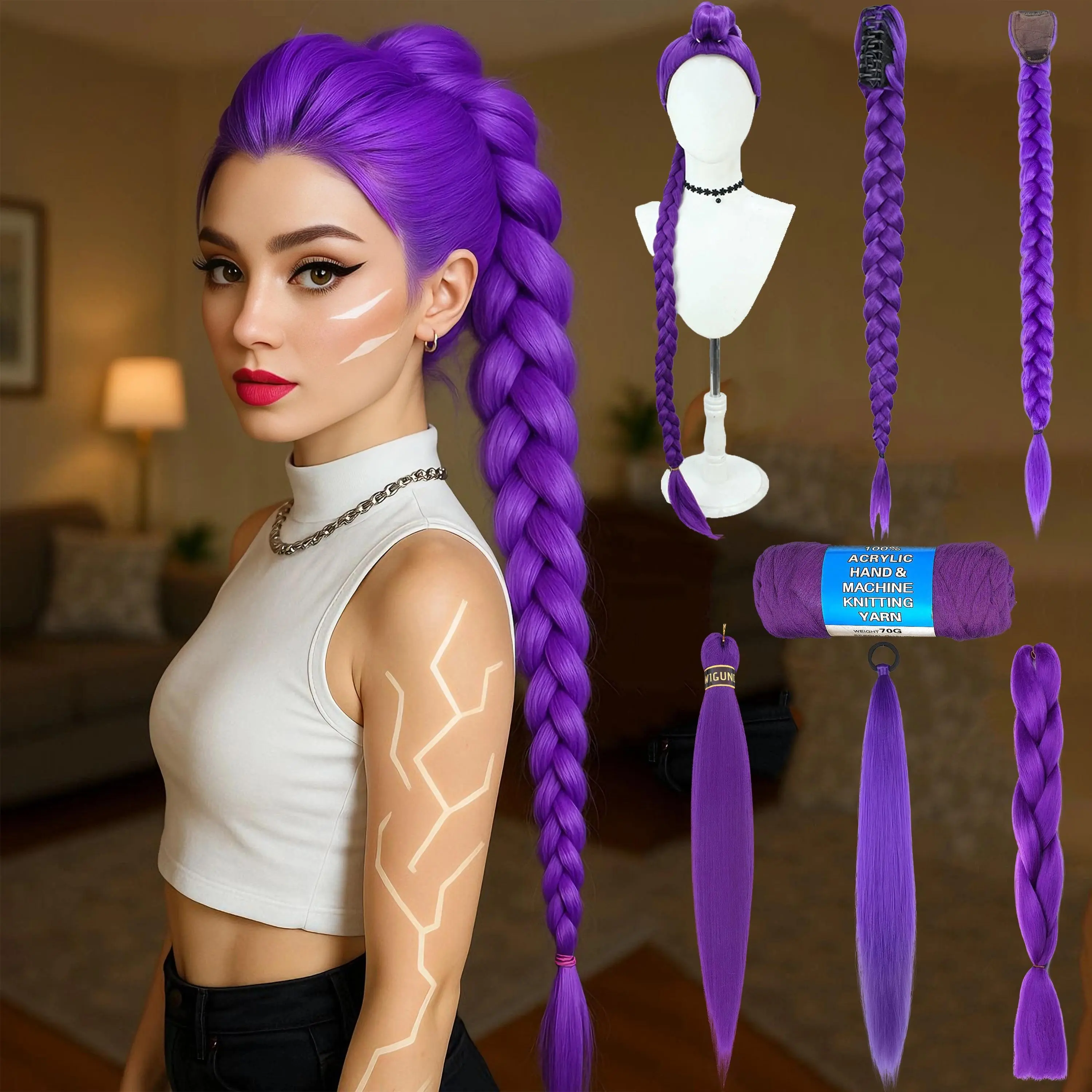Rumi Synthetic Braids Purple Hair Ponytail Costume Hairstyle 26inch Long Ponytail with Clips for Kids Girls Halloween Christmas