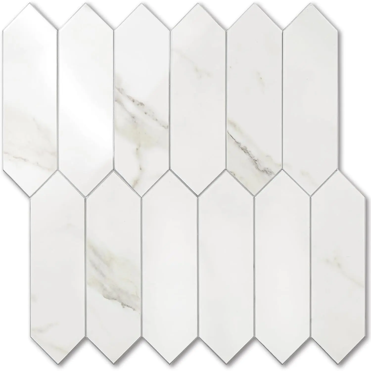 1 Sheet Glossy White Marble Backsplash  Peel and Stick, 12.8 x 12.8 Inch Long Hexagon PVC Self Adhesive Mosaic Wall s Stick  Backsplash for Kitchen and Bathroom