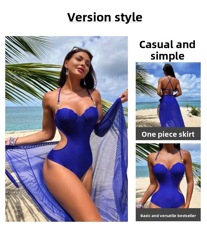New casual tight-fitting one-piece swimsuit for women, sexy European and American bikini swimwear with skirt for beach vacations, foreign trade
