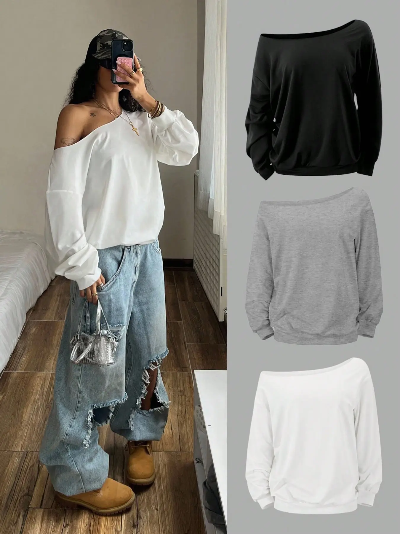 Viral Y2K Three Piece Set Off Shoulder Slant Neck Oversized Sweatshirt Lazy Relaxed Fit Long Sleeve Pullover Solid Color Streetwear Daily Dating Spring Autumn Gen Z Trendy Minimalist Sloped Shoulder Loose Casual Womens Tops Versatile Weekend Daily Outfits