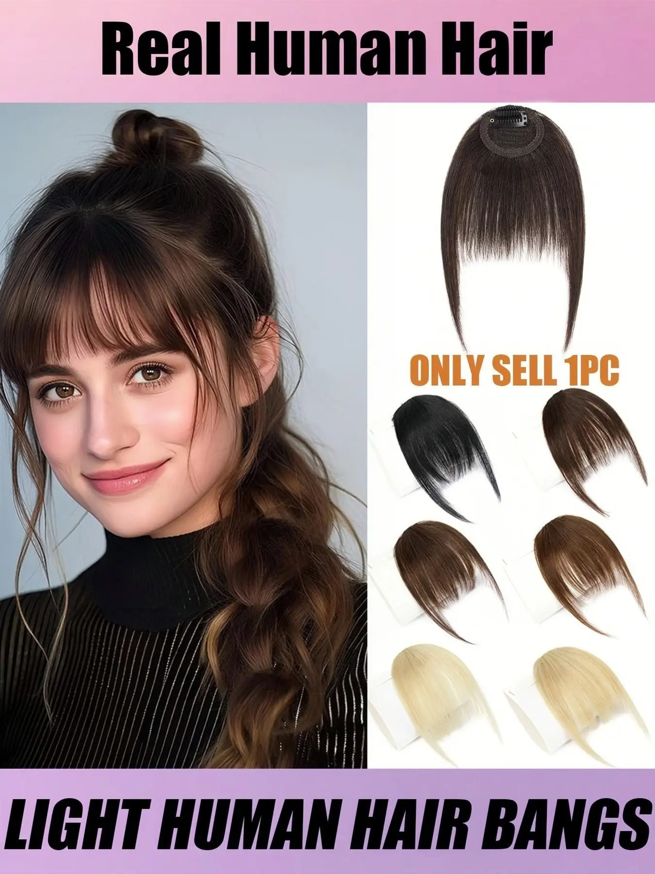Brown Human Hair Clip in Bangs Fringe with Temples Wispy Bangs French Bangs for Women Black Blonde Gray Hair Bangs Daily Use