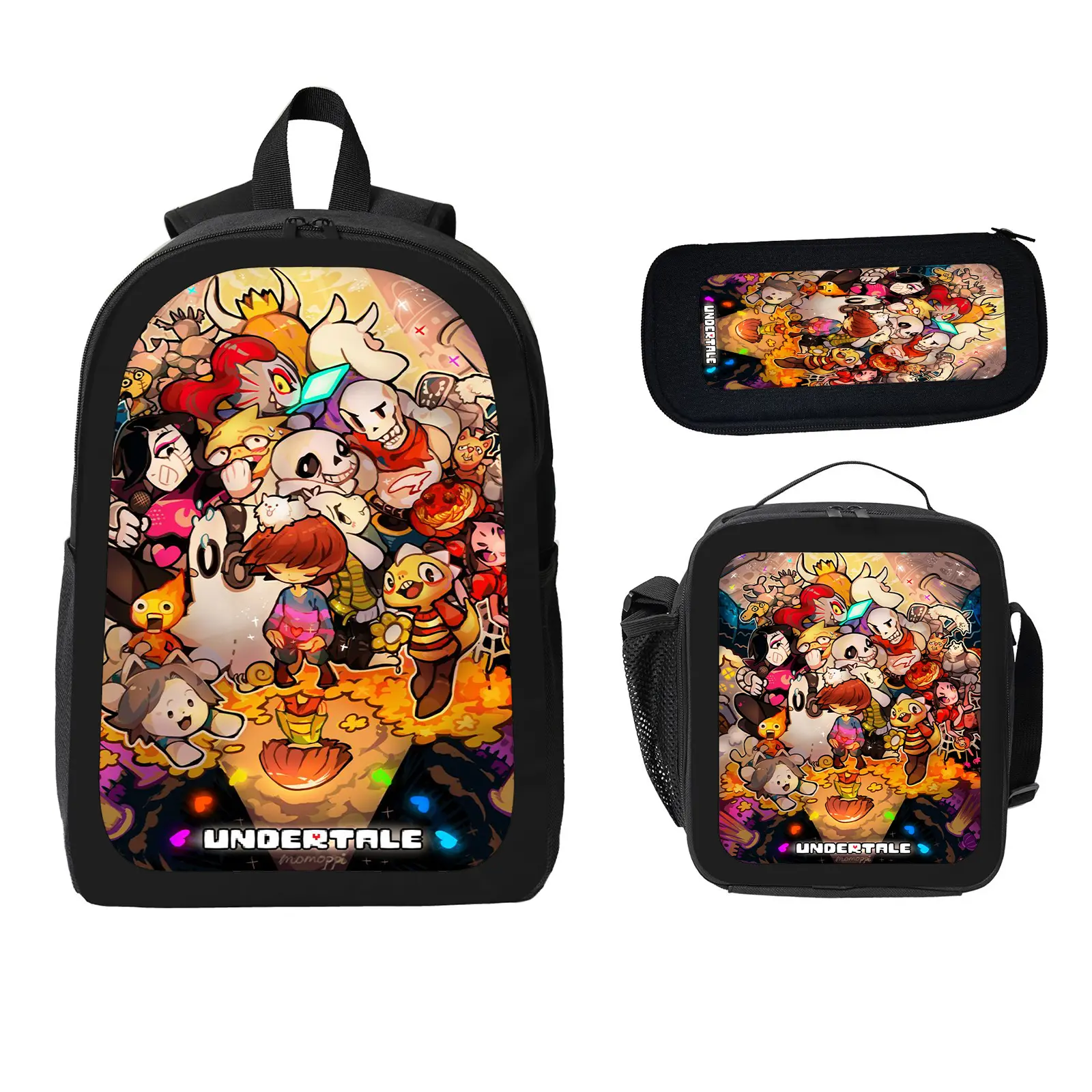 undertale 3 Pcs School Backpack Set for Boys Girls Kids, Large Capacity Bookbag with Insulated Lunch Bag Pencil Case, Water Resistant Travel Daypack for Elementary Middle School e-85