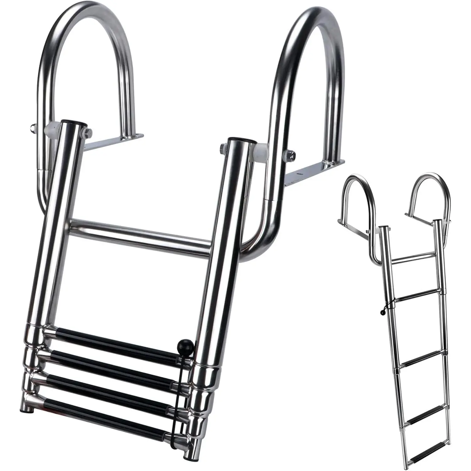 4 Step Pontoon Boat Ladder - Stainless Steel Telescoping Folding Rear Entry Ladder with Pedal, Safe Handrails, 1.5" Diameter Steps, 600 lb Capacity for Boats, Swimming Pools, Custom Inboard Heavy Duty, Assembly Required, Ships